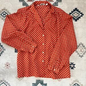 Vintage Evan Picone Orange Floral and White Button Up Blouse Retro Groovy 70s